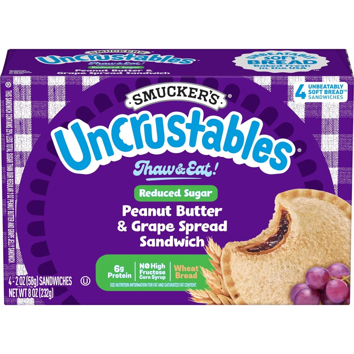 Smucker's Uncrustables Frozen  Whole Wheat Peanut Butter & Grape Jelly Sandwiches - 8oz/4ct